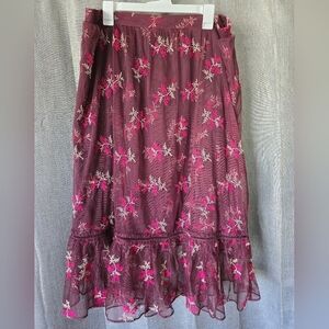 Sundance Aster Bloom Skirt Knee Length Size XL Maroon Tulle Embroidered Ruffle